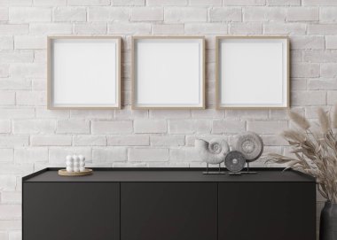 Modern oturma odasındaki beyaz tuğlalı duvara üç boş kare çerçeve. İç mekanı minimalist, çağdaş tarzda düzenle. Resmin için boş yer, poster. Konsol, heykeller. 3B görüntüleme.