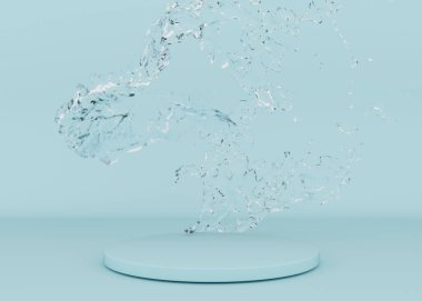 Açık mavi arka planda su sıçraması olan yuvarlak podyum. Ürün ve kozmetik sunumu için hazırlan. Güzellik ürünleri için yayalar veya platformlar. Boş sahne. Tazelik, saflık. 3B görüntüleme.