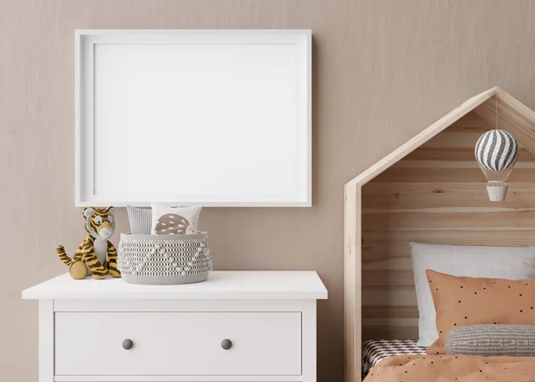 Empty horizontal picture frame on brown wall in modern child room. Mock up interior in scandinavian style. Free, copy space for your picture, poster. Close up view. Cozy room for kids. 3D rendering. — Stock Photo, Image