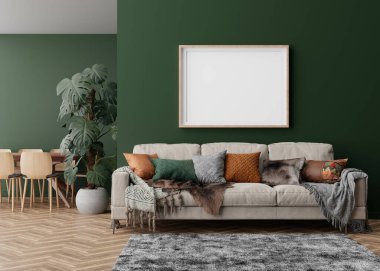 Modern oturma odasındaki yeşil duvara boş resim çerçevesi. İç dekorasyonu çağdaş tarzda yapın. Boş alan, resmin için kopyalama alanı, poster. Koltuk, masa, halı, bitkiler. 3B görüntüleme.