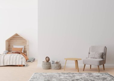 Modern çocuk odasında boş beyaz duvar. İç mekanın İskandinav tarzında, boho tarzı. Resmin ya da posterin için boşluk kopyala. Yatak, koltuk, oyuncaklar, rattan sepeti. Çocuklar için rahat bir oda. 3B görüntüleme.