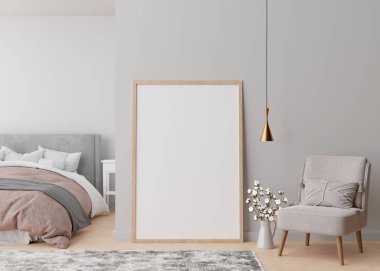 Modern yatak odasında yerde duran boş dikey resim çerçevesi. İç dekorasyonu çağdaş tarzda yapın. Resim veya poster için boş yer var. Yatak, koltuk, pamuk bitkisi. 3B görüntüleme.