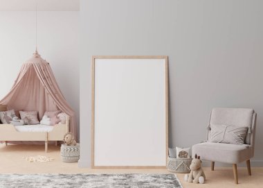 Modern çocuk odasının zemininde duran boş dikey resim çerçevesi. İç mekanı İskandinav tarzıyla süsleyin. Bedava, resmin için kopyalama alanı. Yatak, rattan sepet. Çocuklar için rahat bir oda. 3B görüntüleme