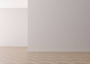 Boş oda, açık gri duvar ve parke zemin. Sadece duvarlar ve zemin. İç mekan gibi. Bedava, mobilyalarınız, resimleriniz ve diğer eşyalar için yer kopyalayın. 3B görüntüleme.