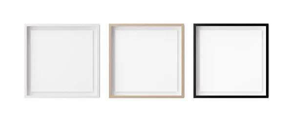 Conjunto de molduras quadradas isoladas em fundo branco. Molduras brancas, de madeira e pretas com borda de papel branco dentro. Modelo, mockup para sua foto ou cartaz. Renderização 3d. — Fotografia de Stock