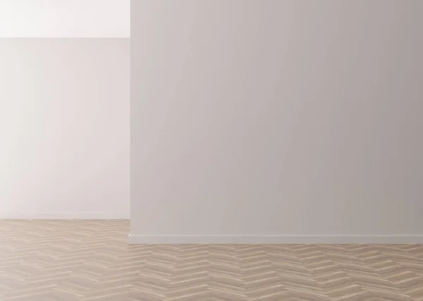 Quarto vazio, parede cinza claro e piso em parquet. Só paredes e chão. Arrepiar o interior. Livre, espaço de cópia para sua mobília, imagem e outros objetos. Renderização 3D. — Fotografia de Stock