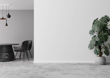 Boş oda, beton zemin ve açık gri duvar. Sandalyeli masa, canavar bitkisi. İç mekan gibi. Bedava, mobilyalarınız, resminiz, dekorasyonunuz ve diğer eşyalarınız için yer kopyalayın. 3B görüntüleme.