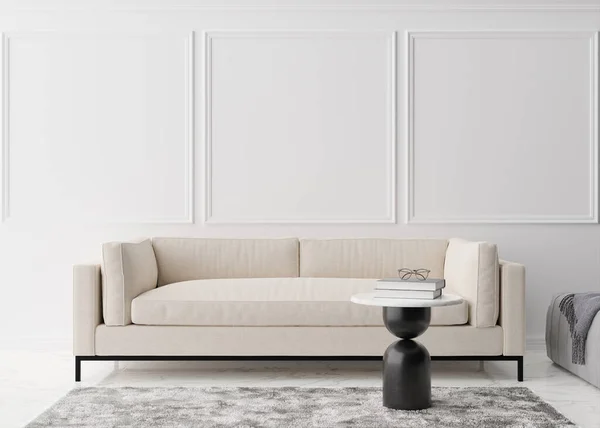 空荡荡的白色墙壁，在现代客厅里有模子。模仿当代风格的室内装潢.免费的，复制图片、海报、文字或其他设计的空间。索法，桌子，地毯。3D渲染. — 图库照片