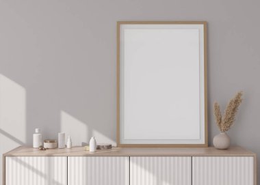 Modern odadaki konsolun üzerinde duran boş dikey çerçeve. İç dekorasyonu çağdaş tarzda yapın. Bedava, resim için kopyalama alanı. Vazodaki otlar. 3B görüntüleme.