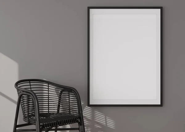 Marco vertical vacío en la pared gris en la sala de estar moderna. Prepara el interior en estilo contemporáneo. Espacio libre, copia para la imagen, cartel. La silla. De cerca. Renderizado 3D. — Foto de Stock