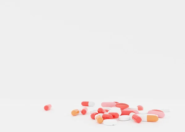 Pillen op de witte achtergrond. Geneesmiddelen, tabletten, apotheek. Gezondheid, gezondheidszorg concept. Gratis, kopieer ruimte voor uw tekst. 3d destructie. — Stockfoto