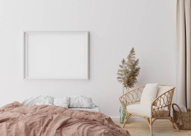 Modern yatak odasındaki beyaz duvara boş resim çerçevesi. Boho tarzında iç mekan yap. Bedava, resmin için fotokopi alanı, poster. Yatak, rattan koltuk, pampa otu, parke döşeme. 3B görüntüleme.