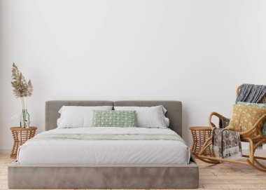 Modern yatak odasındaki boş beyaz duvar. İç mekanın İskandinav tarzında, boho tarzı. Boş, resminiz, mesajınız ya da başka bir tasarım için boşluk kopyalayın. Yatak, rattan koltuk, pampa otu. 3B görüntüleme.