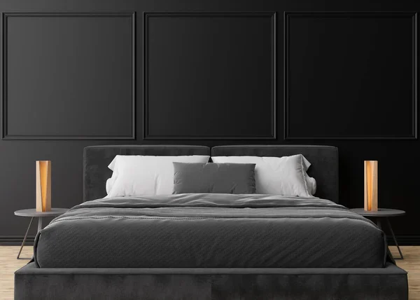 현대적 이고 아늑 한 침실의 텅 빈 검은 벽. 인테리어를 미니멀리즘적 이고 현대적 인 스타일로 만들어. 빈 공간, 사진, 텍스트 또는 다른 디자인을 위한 복사 공간. 침대, 램프. 3D 렌더링. — 스톡 사진