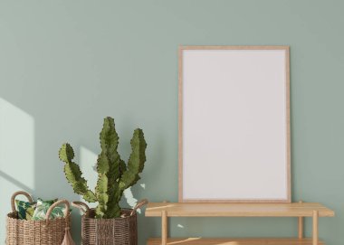 Modern oturma odasındaki açık yeşil duvara boş dikey resim çerçevesi. İç dekorasyonu çağdaş tarzda yapın. Bedava, resim için kopyalama alanı. Rattan sepeti, kaktüs. 3B görüntüleme.