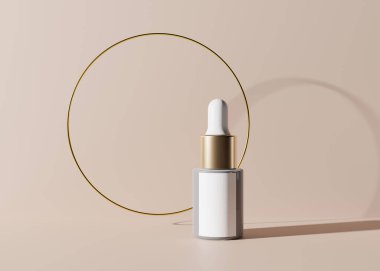 Boş, altın yüzüklü markasız kozmetik serumu şişesi. Kahverengi arka planda cilt bakımı sunumu. Lüks modelleme. Damla şişesi, hyaluronik asit, yağ, kopyalama alanı olan serum. 3B görüntüleme.