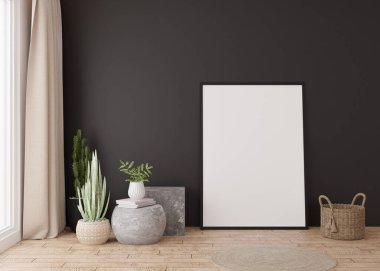 Modern oturma odasının parke zemininde duran boş dikey resim çerçevesi. İç mekan minimalist, İskandinav tarzı. Resim için boş yer var. Bitkiler, rattan sepeti. 3B görüntüleme.