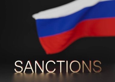 Rus bayrağı ve SANCTION 'lar siyah arkaplanda. Ekonomik, finansal ve politik yaptırımlar. Rus petrol ve gaz ambargosu. Rus Ukrayna çatışması. Savaşı, işgali durdurun. 3B görüntüleme.
