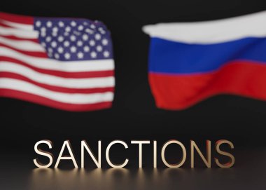 Rus ve Amerikan bayrakları ve SANCTION 'lar siyah arka planda. Ekonomik, finansal, politik yaptırımlar. Rus petrol ve gaz ambargosu. Rus Ukrayna çatışması. Savaşı, işgali durdurun. 3B görüntüleme