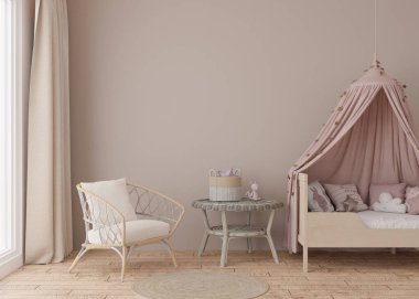 Modern çocuk odasında boş açık kahverengi duvar. İç mekanı İskandinav tarzıyla süsleyin. Bedava, resmin için fotokopi alanı, poster. Yatak, oyuncaklar, rattan koltuk. Çocuklar için rahat bir oda. 3B görüntüleme.