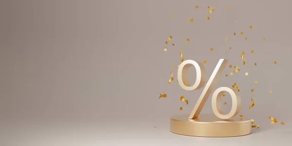 Golden discount sign and falling confetti on light brown background. Free, copy space for your text. Special offer, good price, deal, shopping. Black friday. 3d rendering.