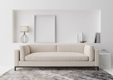 Modern oturma odasındaki beyaz duvara boş dikey resim çerçevesi. İç mekanı minimalist, çağdaş tarzda düzenle. Bedava, resmin için kopyalama alanı. Koltuk, halı. 3B görüntüleme.