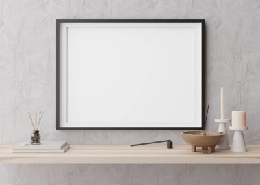 Modern oturma odasındaki gri duvarda boş yatay resim çerçevesi. İç dekorasyonu çağdaş tarzda yapın. Bedava, fotoğraf için fotokopi alanı, poster. Kapatın. 3B görüntüleme.