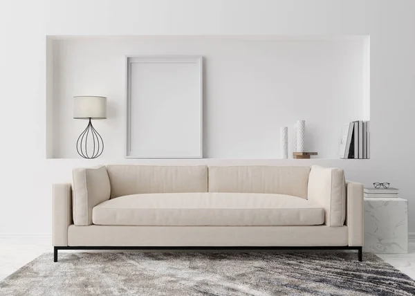 Marco vertical vacío en la pared blanca en la sala de estar moderna. Prepara el interior en un estilo minimalista y contemporáneo. Espacio libre, copia para tu foto. Sofá, alfombra. Renderizado 3D. — Foto de Stock