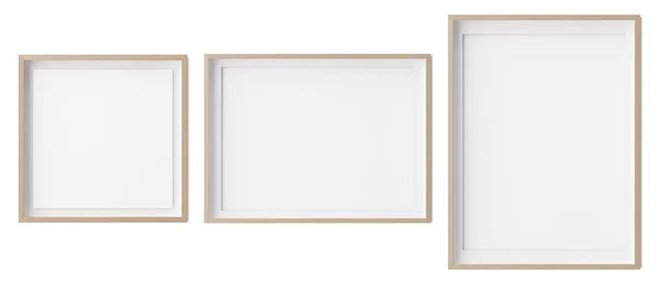 Conjunto de quadros quadrados, horizontais e verticais isolados sobre fundo branco. Molduras de madeira com borda de papel branco dentro. Modelo, mockup para sua foto ou cartaz. Renderização 3d. — Fotografia de Stock