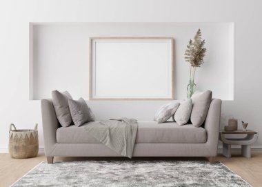 Modern oturma odasındaki beyaz duvara boş yatay resim çerçevesi. Boho tarzında iç mekan yap. Bedava, resmin için fotokopi alanı, poster. Rattan sepeti, otlar, ahşap zemin. 3B görüntüleme.