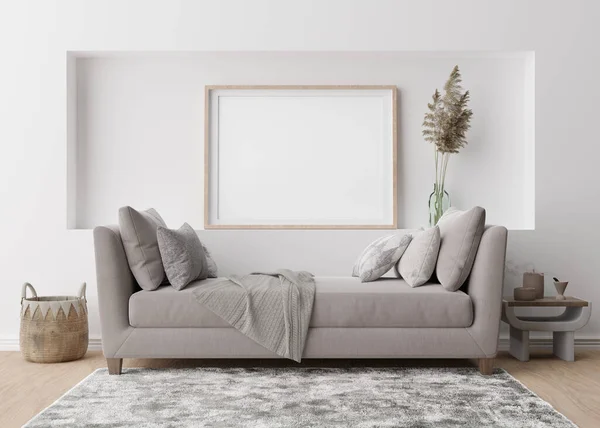 Empty horizontal picture frame on white wall in modern living room. Mock up interior in boho style. Free, copy space for your picture, poster. Rattan basket, pampas grass, wooden floor. 3D rendering. — Foto de Stock