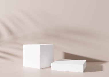 Hafif krem arka planda podyum, palmiye yaprakları gölgeli. Ürün podyumu, kozmetik sunumu. Model yap. Güzellik ürünleri için yayalar veya platformlar. Boş sahne. 3B görüntüleme.