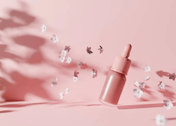 Rózsaszín üveg kozmetikai folyadék a rózsaszín háttér. Gél virágokkal a levegőben. Üres, márkátlan csepegtető palack, hialuronsav, olaj, szérum, bőrápoló termék. 3D renderelés. — Stock Fotó