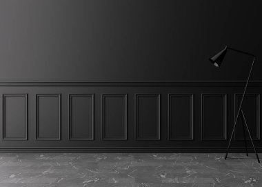 Empty room, black wall with moldings and grey stone floor. Only wall, floor and lamp. Mock up interior. Free, copy space for your furniture, picture and other objects. 3D rendering.