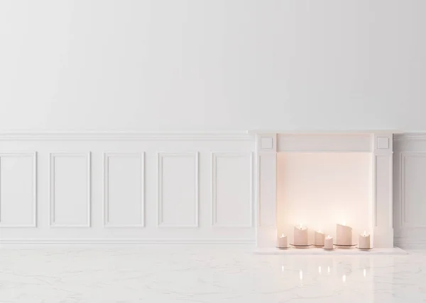 Chambre vide, mur blanc avec moulures et sol en marbre. Uniquement mur, sol et cheminée décorative. Maquette intérieure. Gratuit, copiez de l'espace pour vos meubles, photos et autres objets. rendu 3D. — Photo