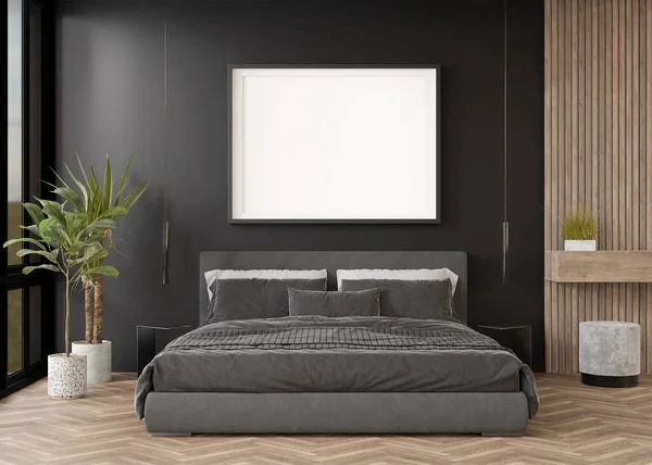 Empty picture frame on black wall in modern bedroom. Mock up interior in contemporary style. Free, copy space for your picture, poster. Bed, plants. 3D rendering. — Fotografia de Stock