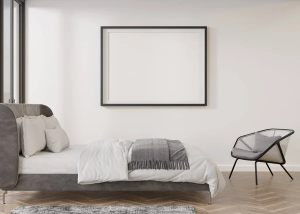Empty picture frame on white wall in modern bedroom. Mock up interior in contemporary style. Free, copy space for your picture, poster. Bed, armchair. 3D rendering. — Zdjęcie stockowe