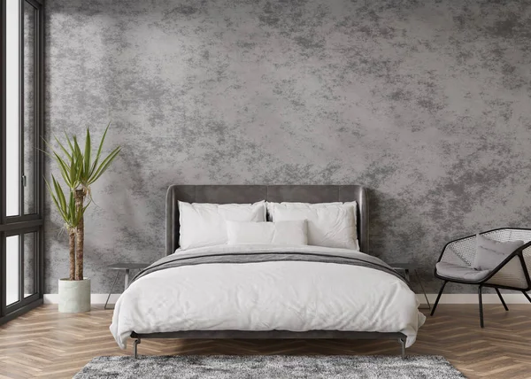 Empty concrete wall in modern and cozy bedroom. Mock up interior in contemporary, loft style. Free space, copy space for your picture, text, or another design. Bed, plant, armchair. 3D rendering.