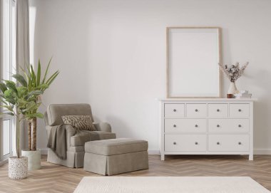 Modern oturma odasındaki beyaz duvara boş dikey resim çerçevesi. İç mekanı İskandinav tarzıyla süsleyin. Bedava, resim için kopyalama alanı. Konsol, koltuk, bitkiler, vazo. 3B görüntüleme.