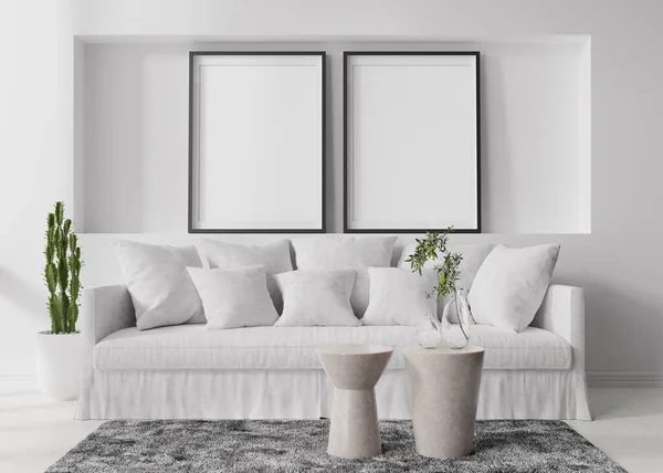 Dos marcos verticales vacíos en la pared blanca en la sala de estar moderna. Prepara el interior en estilo contemporáneo y escandinavo. Espacio libre para la imagen, cartel. Sofá, mesa, alfombra, plantas. Renderizado 3D. —  Fotos de Stock