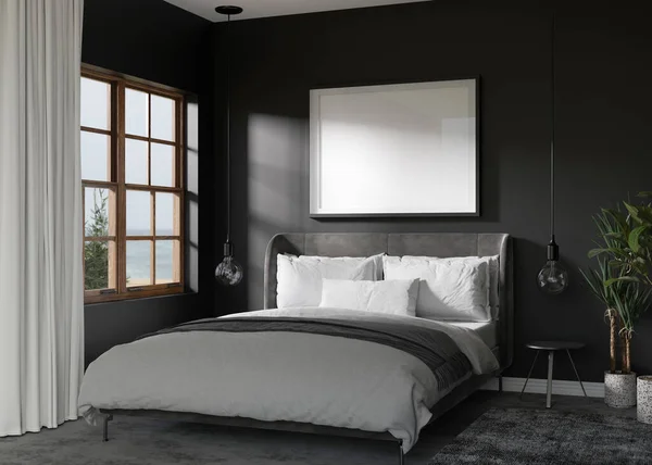 Empty picture frame on black wall in modern bedroom. Mock up interior in contemporary style. Free, copy space for your picture, poster. Bed, plants. 3D rendering. — Zdjęcie stockowe