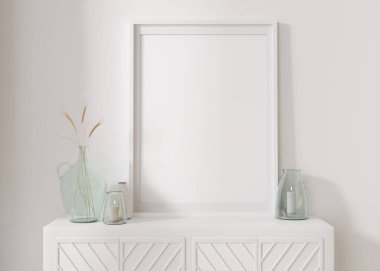 Beyaz büfenin üzerinde duran boş dikey resim çerçevesi. İç dekorasyonu çağdaş tarzda yapın. Bedava, fotoğraf için fotokopi alanı, poster. Konsol, kurutulmuş bitkilerle dolu vazo. Kapatın. 3B görüntüleme.