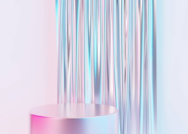 Neon renkli podyum. Modern ürün podyumu, kozmetik sunumu. Renkli bir model. Güzellik ürünleri için yayalar veya platformlar. Boş sahne. 3B görüntüleme.