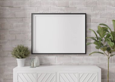 Modern oturma odasındaki beyaz tuğla duvara boş yatay resim çerçevesi. İç mekanı minimalist, çağdaş tarzda düzenle. Resmin için boş yer, poster. Konsol, mum, bitki. 3B görüntüleme.