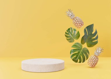 Podyum ürün için modelleme, kozmetik sunum. Yaz, tatil havası. Sarı arka planda canavar yaprakları ve ananas. Yaya, platform, sahne. Kopya alanı olan boş bir sahne. 3B görüntüleme.