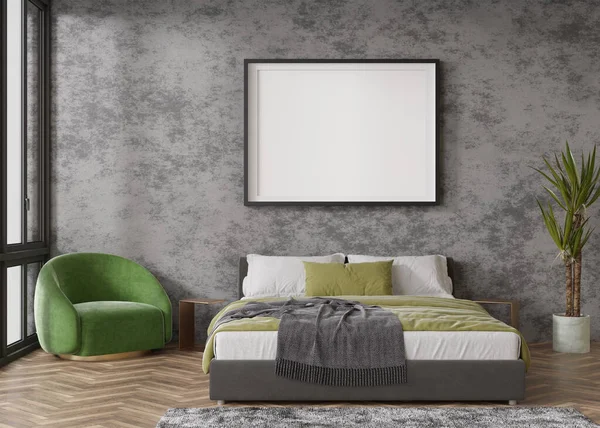 Empty horizontal picture frame on concrete wall in modern bedroom. Mock up interior in contemporary style. Free, copy space for your picture, poster. Bed, plant, green armchair. 3D rendering. — Fotografia de Stock