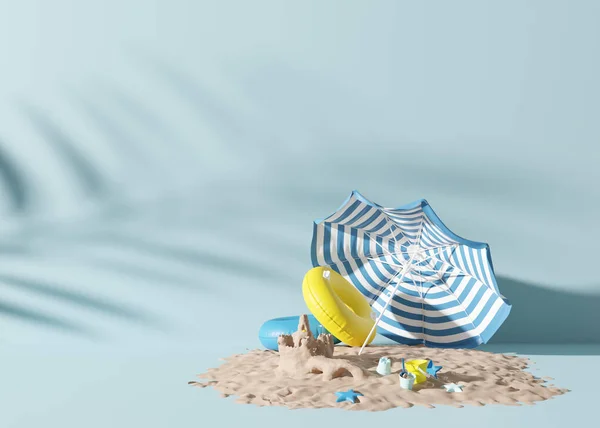 Verano, fondo de vacaciones. Color azul, arena y accesorios de playa. Fondo para la publicidad. Libre, copia espacio para tu texto. Vacaciones, viajes, concepto de relajación. Renderizado 3D. —  Fotos de Stock