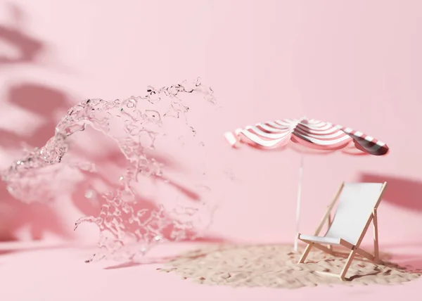 Sommer, Urlaub. Rosa Farbe, Wasser, Sand und Strand-Accessoires. Hintergrund für Werbung. Freier Kopierplatz für Ihren Text. Urlaub, Reisen, Entspannung. 3D-Rendering. — Stockfoto