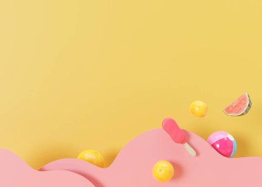 Yaz, tatil geçmişi. Sarı renk, bazı yaz detayları. Reklam için zemin. Boş, metin için boşluk kopyala. Modern, modaya uygun ve renkli tasarım. Tatil, seyahat. 3B görüntüleme.