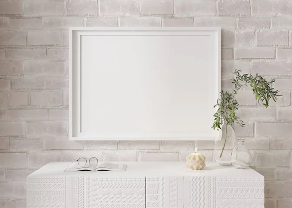 Κενό οριζόντιο πλαίσιο εικόνας σε λευκό τοίχο από τούβλα στο σύγχρονο σαλόνι. Mock up interior σε μινιμαλιστικό, σύγχρονο στυλ. Ελεύθερος χώρος για τη φωτογραφία σου, αφίσα. Κονσόλα, κερί, φυτό. 3D απόδοση. — Φωτογραφία Αρχείου